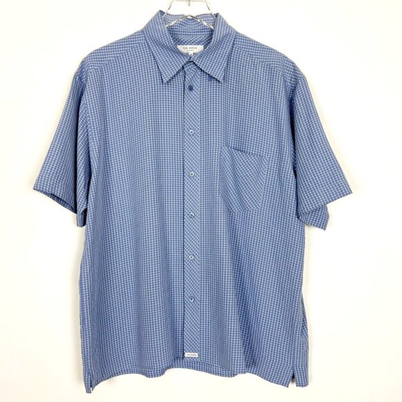 Ted Baker Camp Shirt Mens L Blue Butter Yellow Checkered Print Short Sleeve - Picture 1 of 15